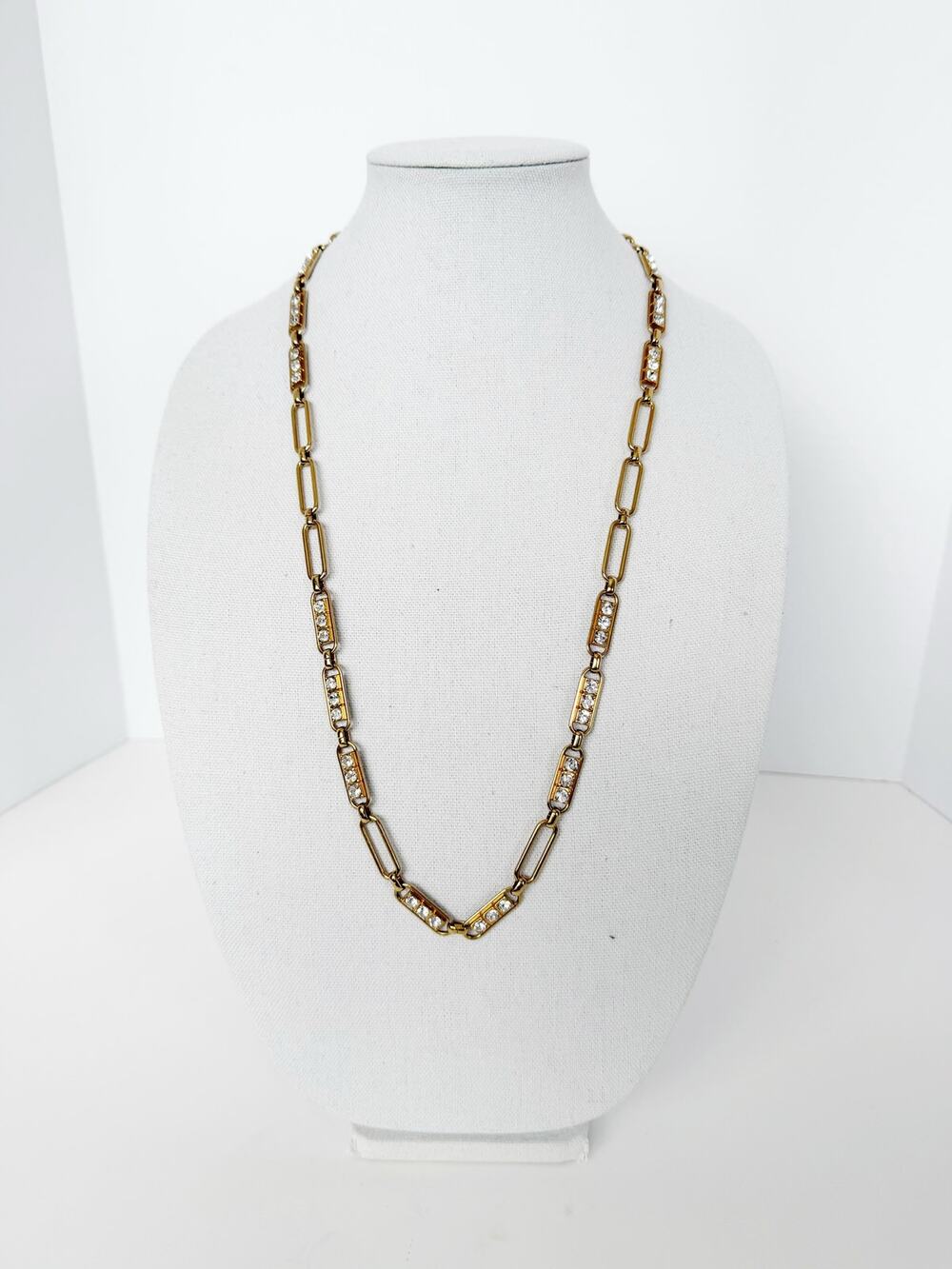 Ann Taylor Gold Paper Clip Chain Crystal Stone Station Long Necklace Vintage